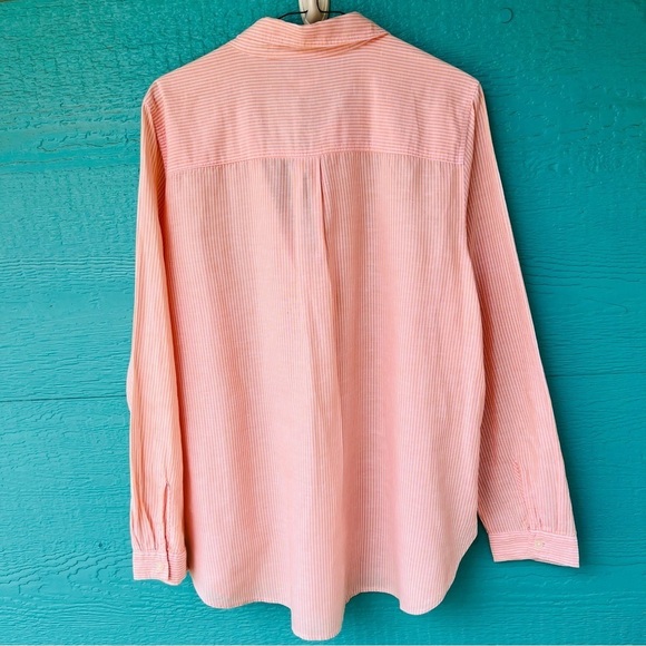 J.CREW LINEN POPOVER V-NECK TUNIC TOP ORANGE SHERBET WHITE STRIPE SIZE XL - Picture 4 of 6